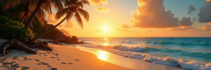 Sandy ocean shore with palm trees and driftwood under warm orange sun, warm light, palm trees