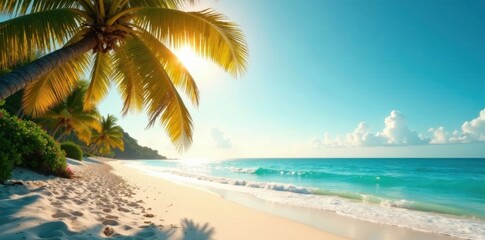 Obraz premium Sandy ocean beach with palm trees under warm sunlight, tropical, palm trees