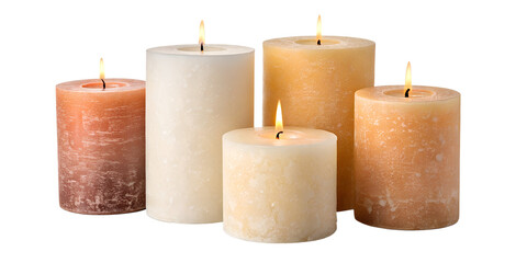 Three burning candles glowing in the dark on a white background