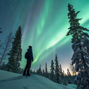 A lone traveler stands atop a snow-covered hill, gazing at the shimmering northern lights as they dance across the Arctic sky. The icy wind whispers through the towering pines, and the world feels utt