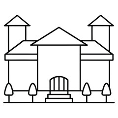 Vector illustration of a house sketch with simple design and building elements like roof, windows, door, and cottage features in black silhouette style