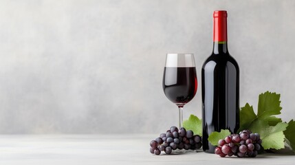 Obraz premium Red wine bottle and filled glass stand next to fresh grapes with green leaves on a light grey textured background.