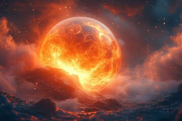 Fiery planet rising over volcanic sea, cosmic cloudscape background, apocalyptic scene