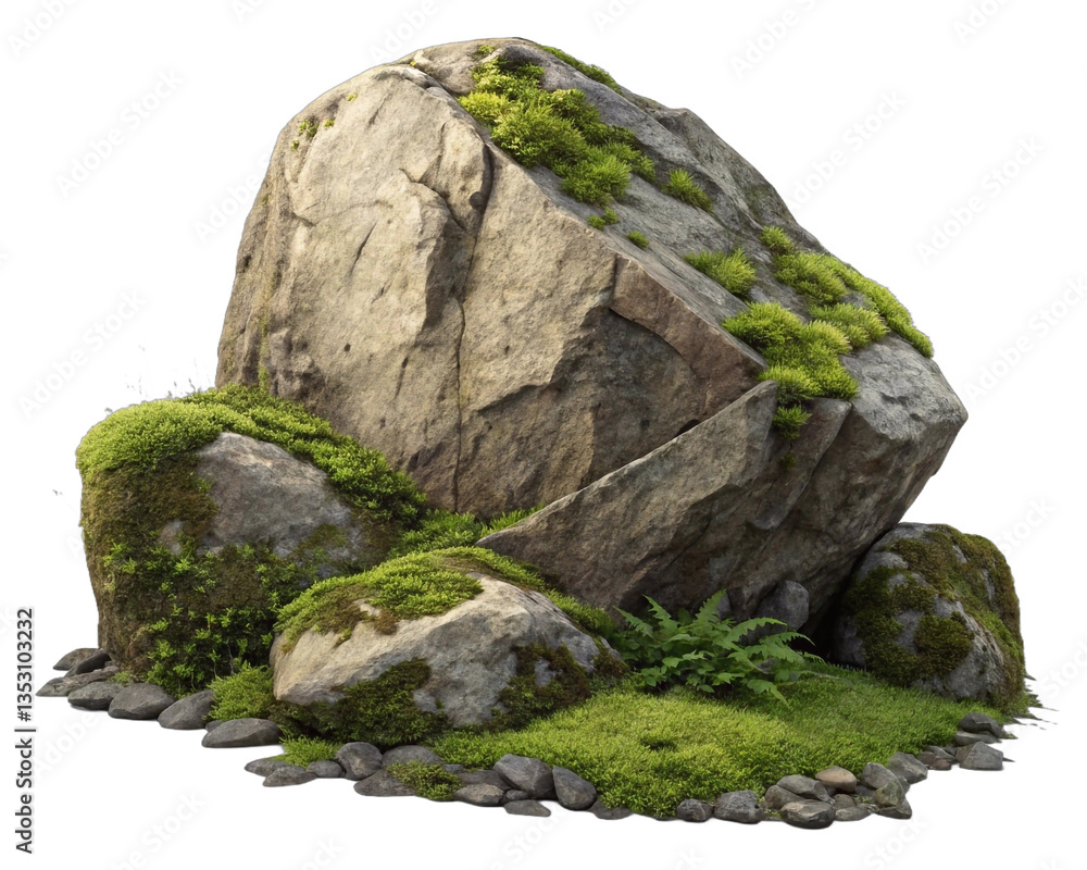 Poster a large rock formation covered in green moss, with some smaller rocks and plants scattered around it