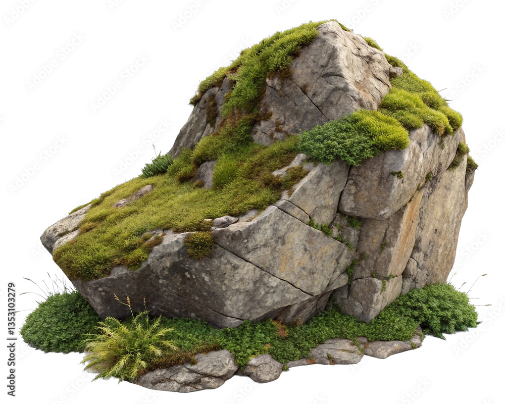 Poster a large rock formation covered in green moss, with some smaller rocks and plants scattered around it