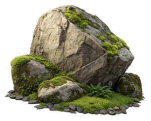 a large rock formation covered in green moss, with some smaller rocks and plants scattered around its base. The rock has a rugged texture and is situated on a transparent background