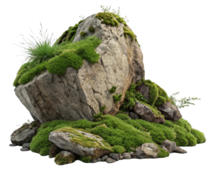 a large rock formation covered in green moss, with some smaller rocks and plants scattered around its base. The rock has a rugged texture and is situated on a transparent background