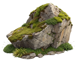 a large rock formation covered in green moss, with some smaller rocks and plants scattered around its base. The rock has a rugged texture and is situated on a transparent background