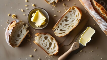 A cozy flat-lay featuring a freshly baked baguette or sourdough loaf, partially sliced, with a small dish of butter and a wooden butter knife. 