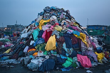 Large Pile of Colorful Discarded Clothing at Dusk