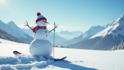 Obraz premium Snowman standing alone in vast snowy field with skis and snowboard, monochrome scene, frosty atmosphere