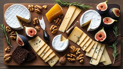 cheese board featuring gourmet cheeses sliced and crumbled on a rustic wooden board. Include figs, honeycomb, walnuts, and pieces of dark bread for variety.