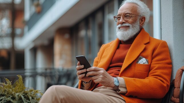 Senior man relaxation on a balcony while using smartphone at sunset in an urban setting
