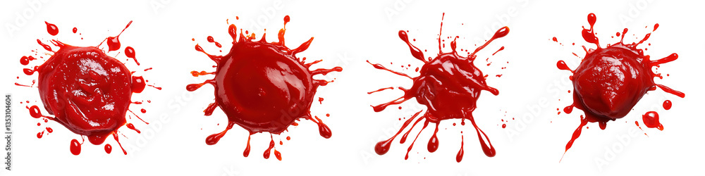 Poster red paint splashes with dynamic flows and droplets captured midair, showing various forms and perspe