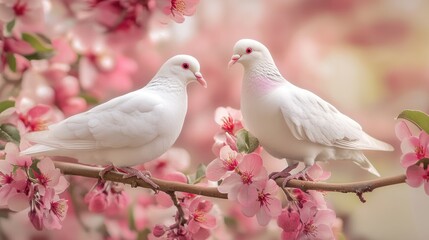 Obraz premium Two white doves on a blossoming pink tree branch