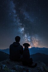 Fototapeta premium A person and a dog gaze upon the vibrant night sky