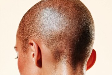 Close up of a model with a shaved head showcasing smooth skin, emulating confidence and beauty minimalistic background enhances beauty themes