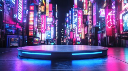A podium in a cyberpunk city with neon signs.