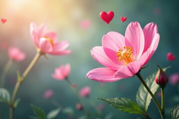 Obraz premium Soft pink flowers wave in the breeze with delicate red hearts attached , spring, wave