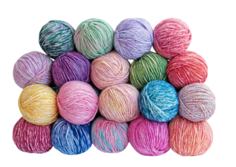 Collection of colorful yarn balls arranged in a circular pattern isolated on a transparent background