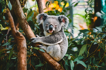 Fototapeta premium Koala Bear Climbs Tree in Habitat