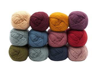Stack of multicolored knitting yarn in a variety of warm and cool tones isolated on a transparent background