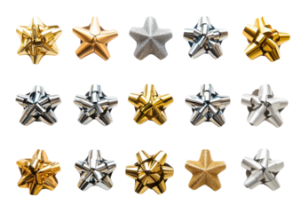 Collection of decorative star-shaped metallic bows in gold and silver tones isolated on a transparent background