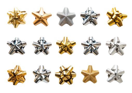 Collection of decorative star-shaped metallic bows in gold and silver tones isolated on a transparent background