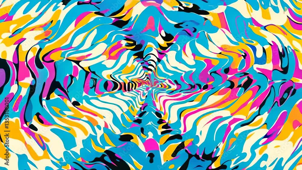 Poster psychedelic video concept with wavy, colorful lines creating a hypnotic pattern. top-down camera ang