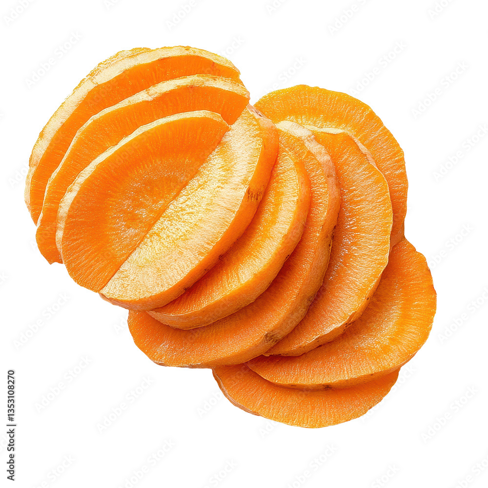 Poster carrot slices arranged in a neat stack isolated on a white background, carrot slicesisolated on whit