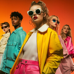 group of well-dressed colorful models, different styles posing