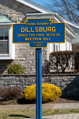Dillsburg, PA, USA - March 9, 2025: A marker in the town first known as Franklintown, the York County town was named for the first settler, Matthew Dill.