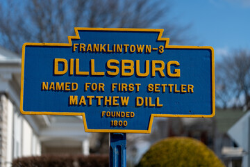Dillsburg, PA, USA - March 9, 2025: A marker in the town first known as Franklintown, the York County town was named for the first settler, Matthew Dill.