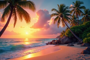 Sunset over tropical beach with palm trees and ocean waves, paradise, distressed image, waves