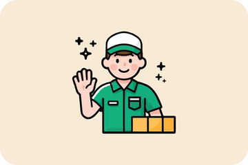 A Friendly Delivery Worker in Green Uniform Waves with Packages, in a Flat Vector Illustration Style