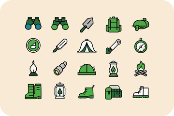 A Set of Camping and Outdoor Adventure Icons, Flat Vector Style, Isolated on a Cream Background