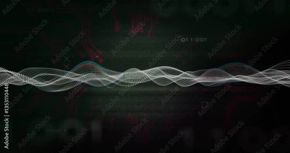 Poster animation of abstract wave pattern with binary code and circuit design