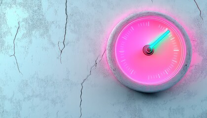 A neon pink speedometer glowing softly on the right side of a cracked whitewashed wall, with gradients of blue and green illuminating the dial