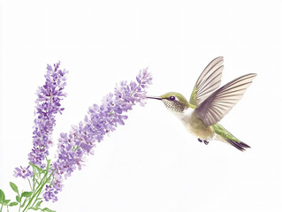Obraz premium Hummingbird collecting nectar purple flower bouquet drooping bloom flying motion wings spread delicate feathers hovering natural moment floral plant outdoor wildlife bird green graceful background