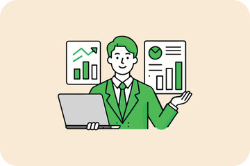 A Green-Suited Man Presents Data Charts on a Laptop, in a Flat Vector Illustration Style Against a Cream Background