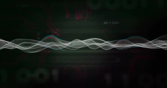 Animation of abstract wave pattern with binary code and circuit design