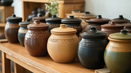 Decorative pottery jars displayed on wooden shelf in store