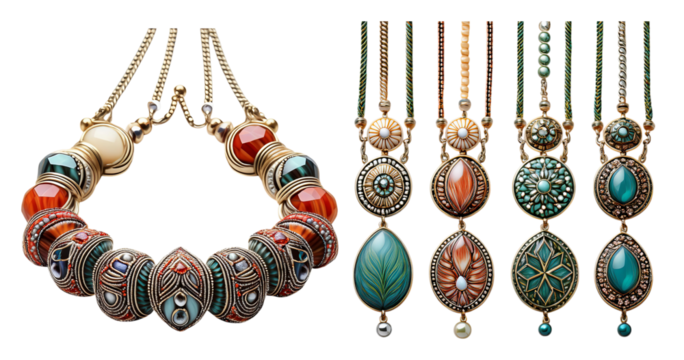 Elegant handcrafted jewelry with colorful stones and intricate design, PNG bundle collection, Isolated on Transparent Background
