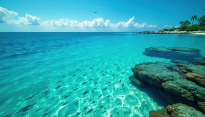 Fototapeta premium Turquoise ocean surface with schools of small fish and coral in the distance, waves, turquoise