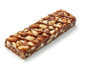 Caramel nut energy bar, topped with nuts and caramel drizzle