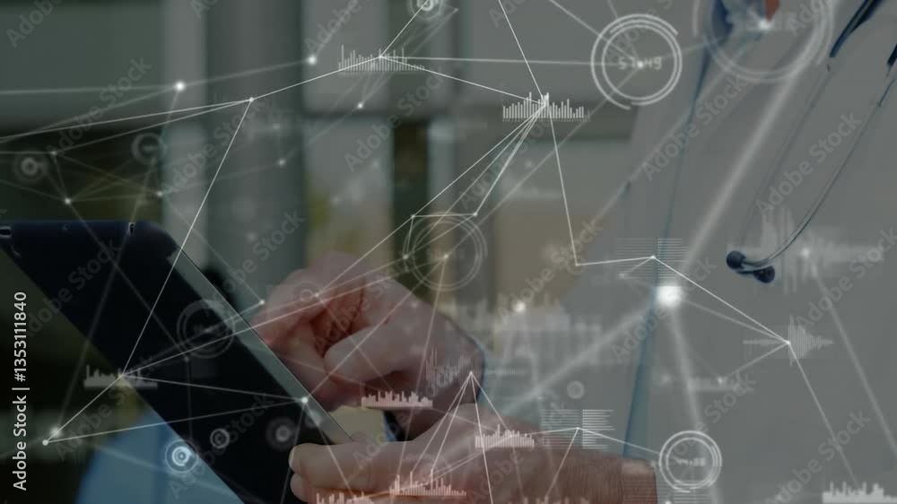 Poster doctor using tablet with network connections and data processing animation overlay