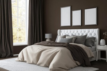 A beautifully decorated bedroom with curtains and blank wall art