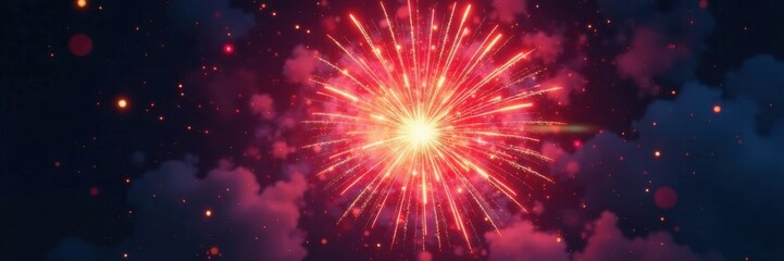 Obraz premium Vibrant fireworks explosion in mid-air with radiating shape burst, pyrotechnics, colors