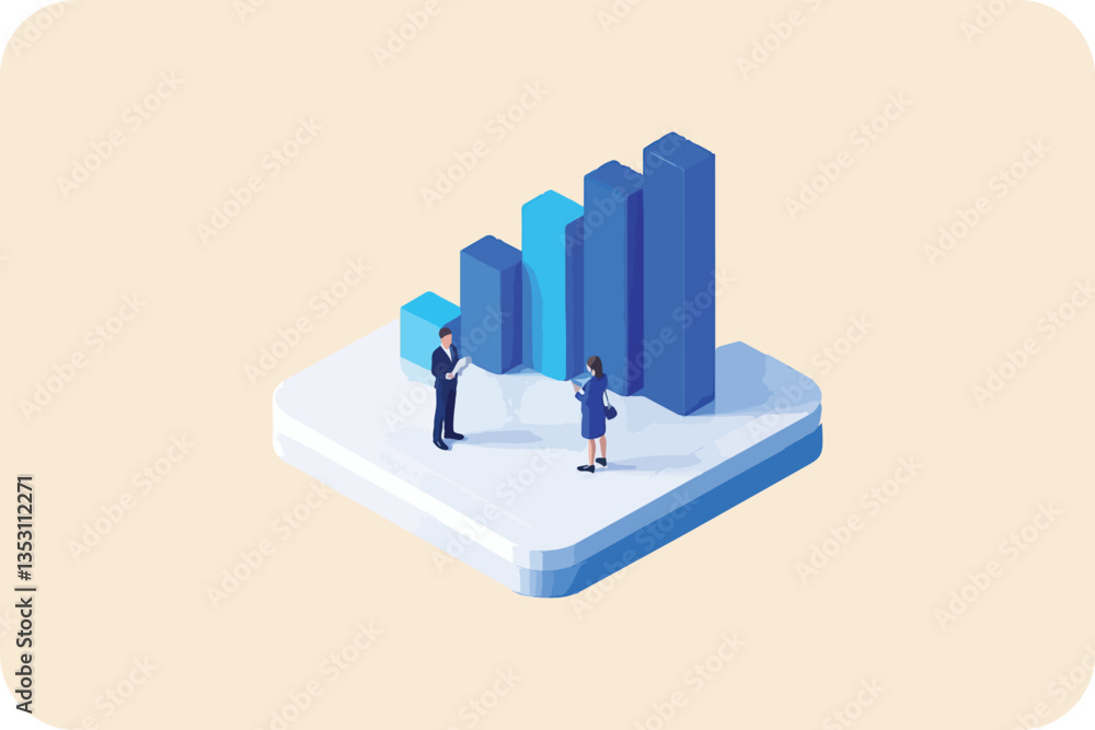 Poster isometric data analysis: two professionals examining a growing bar graph on a minimalist platform
