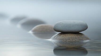 Balanced stones in a misty stream
